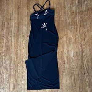 Black Strappy Maxi Dress with Light Pink Floral Embroidery